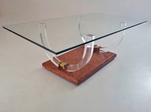 Maison Jansen vintage coffee table Lucite brass glass & wood, 1970`s ca, French